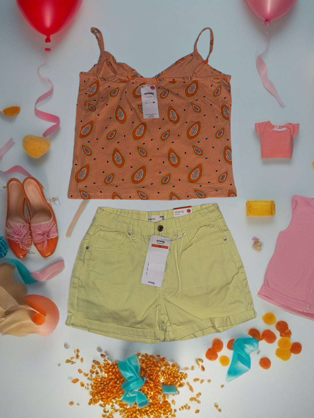 Sinsay Sommer-Set – Papaya Top + Gelbe Shorts (2-teilig)