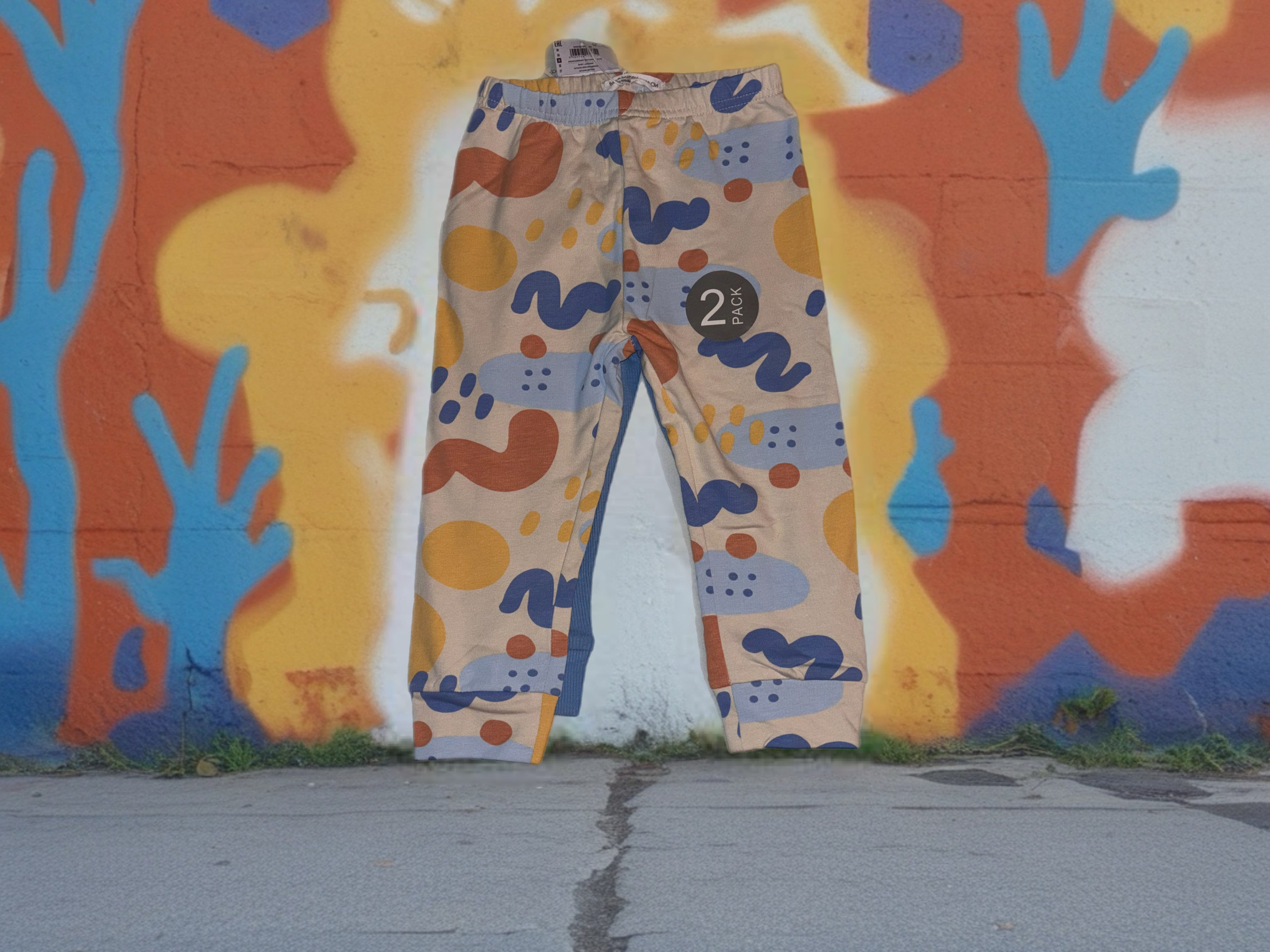 2er-Pack Baby-/Kinderhose – Bunte Muster & Uni Blau | Bequeme Alltagsleggings
