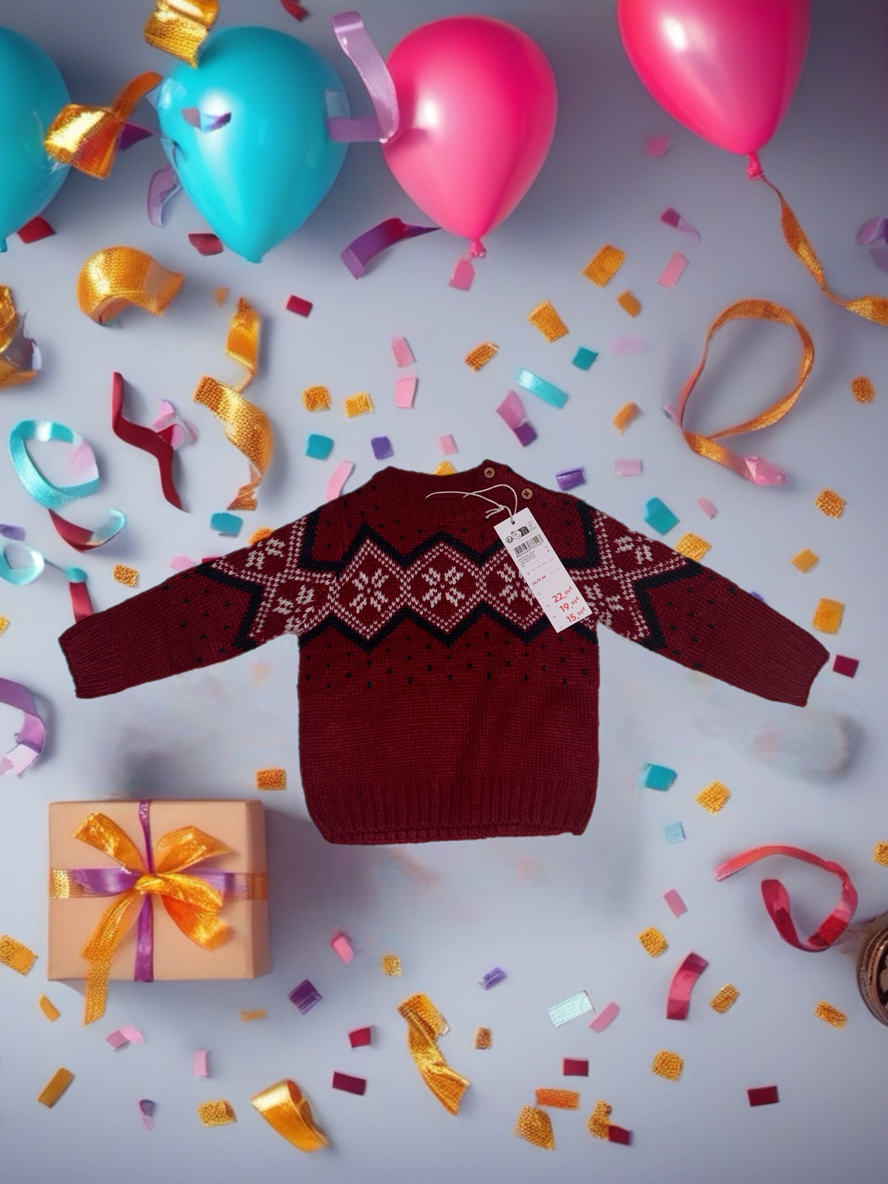 Warmer Winterpullover – Rot mit Norweger-Muster | 12–18 Monate