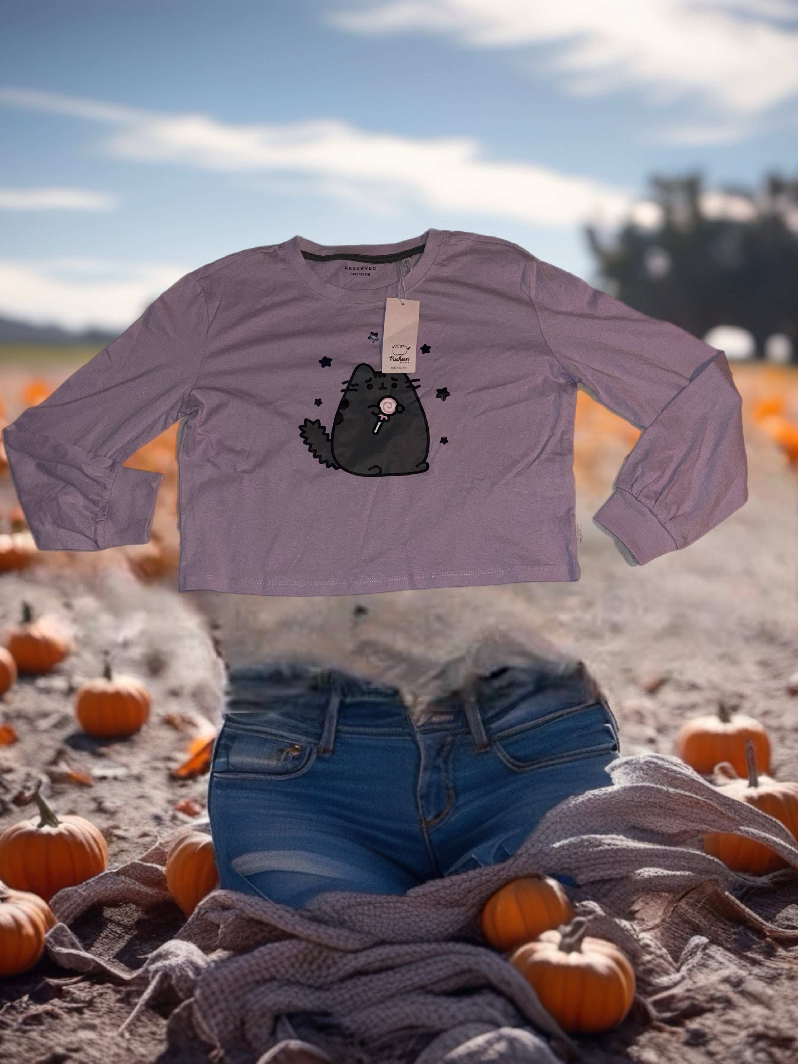 Pusheen Langarmshirt – Flieder, mit süßem Katzen-Pri