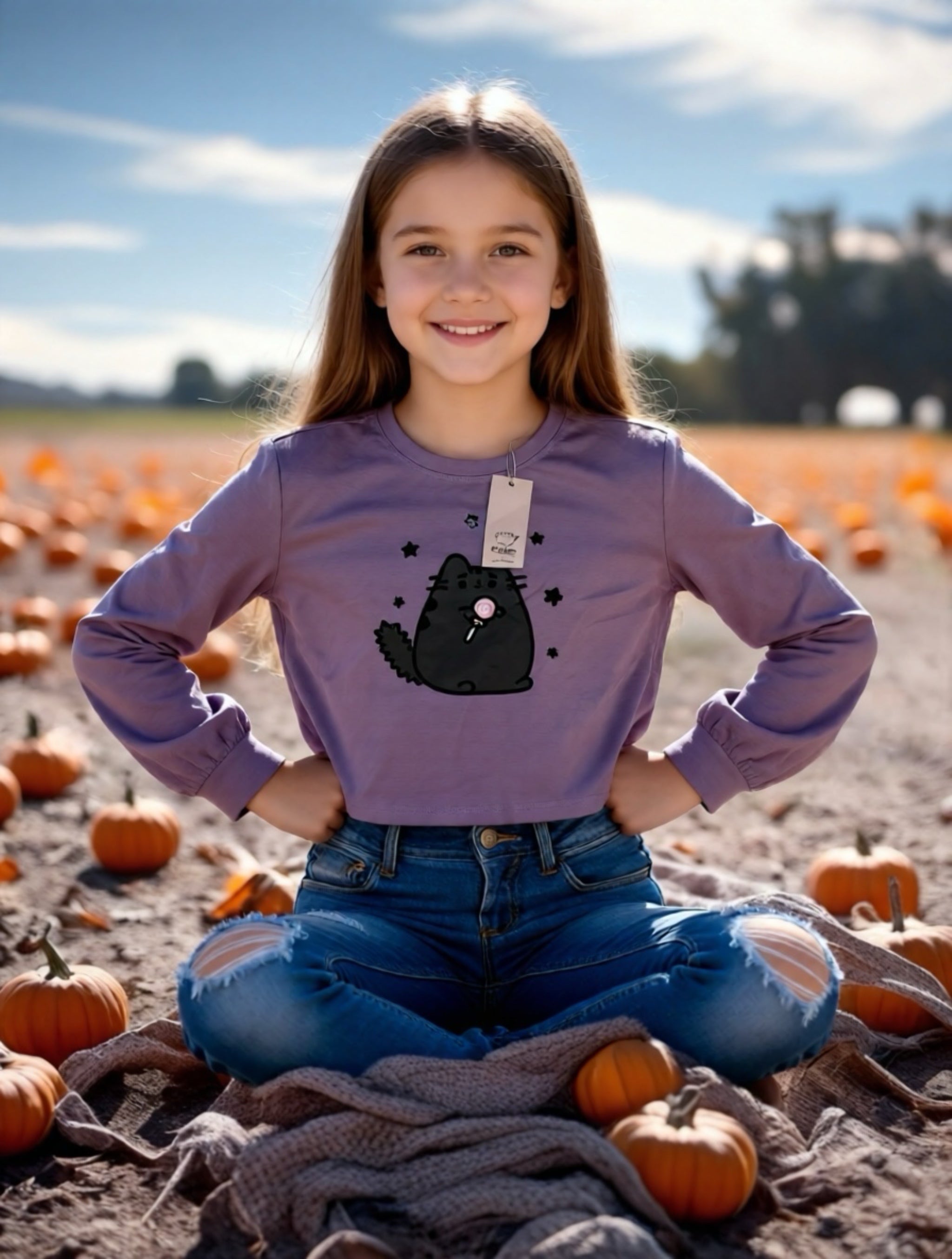 Pusheen Langarmshirt – Flieder, mit süßem Katzen-Pri