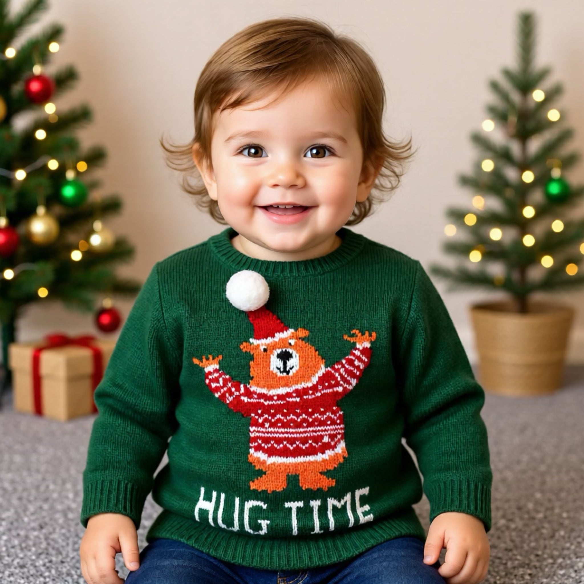 Weihnachts-Pullover „Hug Time“ – Grüner Kinder XMAS Sweater